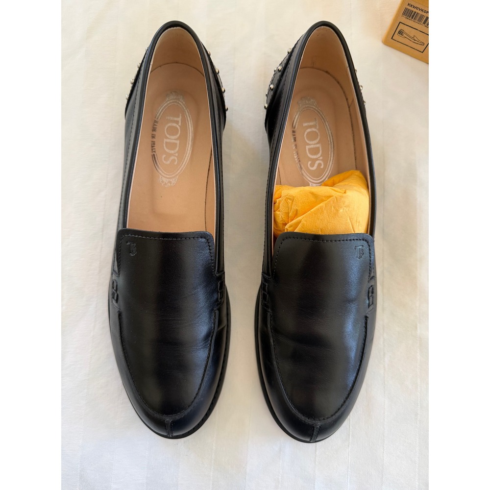 Tods Black Leather Studded Heel Loafers Brogue Detail Flats Made in Italy 41